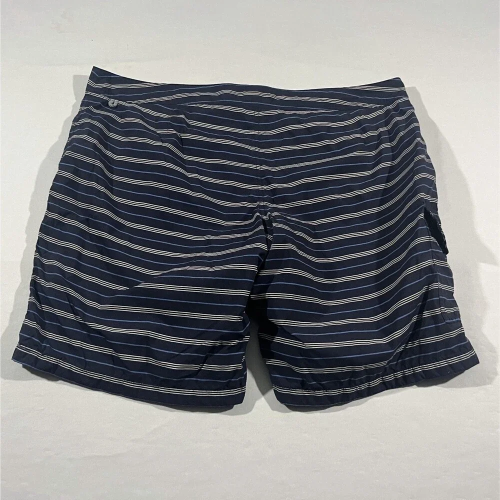 J. Crew Swim Trunks Mens Blue Striped Poly Preppy Surf Shorts Drawstring Sz 38